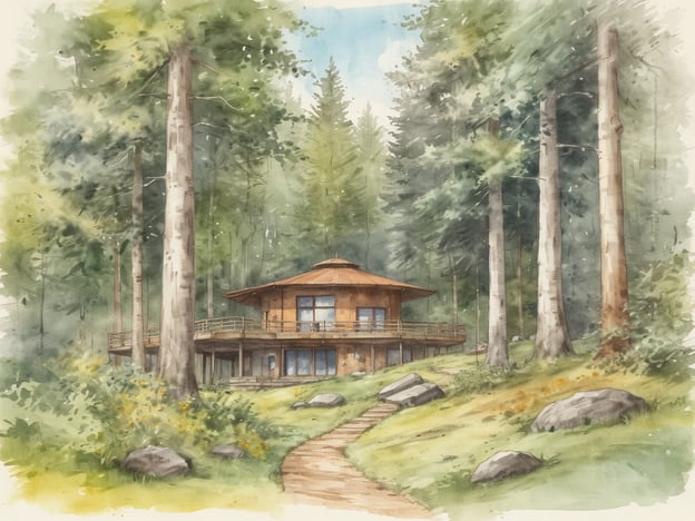 Auf dem Bild ist ein Holzhaus zu sehen, das in einem Wald steht. Es hat eine große Terrasse und ist von hohen Bäumen umgeben. Der Weg, der zum Haus führt, ist gepflastert und führt durch eine grüne, natürliche Umgebung. Diese Szene könnte gut zu einem Yoga-Retreat im Essener Stadtwald passen, wo Natur und Ruhe im Vordergrund stehen.