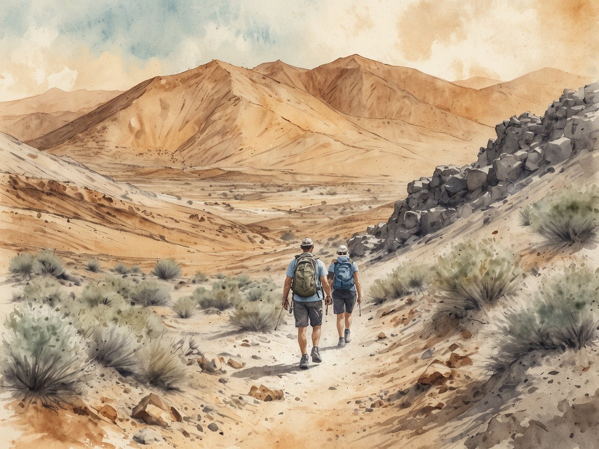 Zwei Wanderer gehen auf einem schmalen Pfad durch eine wüstenartige Landschaft mit sanften Hügeln und Bergen im Hintergrund. Die Umgebung ist karg und von goldbraunen Farben geprägt, mit vereinzelten Sträuchern und Steinen. Die Wanderer tragen Rucksäcke und leichte Kleidung, während der Himmel in sanften Blautönen mit einigen Wolken zu sehen ist.