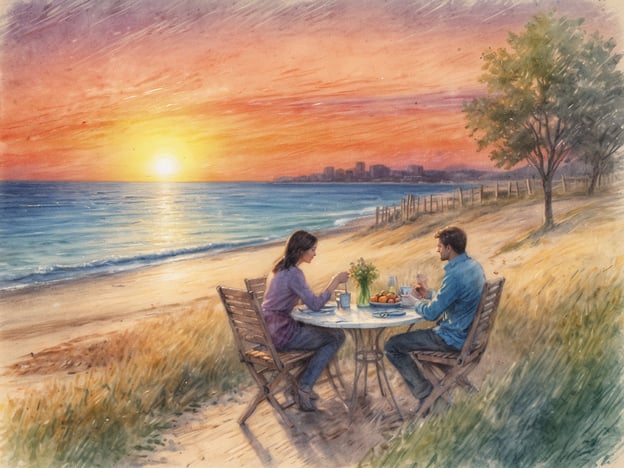 Auf dem Bild ist ein romantisches Abendessen für zwei Personen am Strand zu sehen. Die beiden sitzen an einem Tisch im Freien, umgeben von einer malerischen Kulisse mit einem wunderschönen Sonnenuntergang über dem Meer. Es gibt eine entspannte Atmosphäre, und die Paare genießen gemeinsam köstliche Speisen und Getränke, während sie die Aussicht und die Zweisamkeit in dieser idyllischen Umgebung zelebrieren. Solche Aktivitäten sind ideal für romantische Momente und fördern die Verbundenheit.