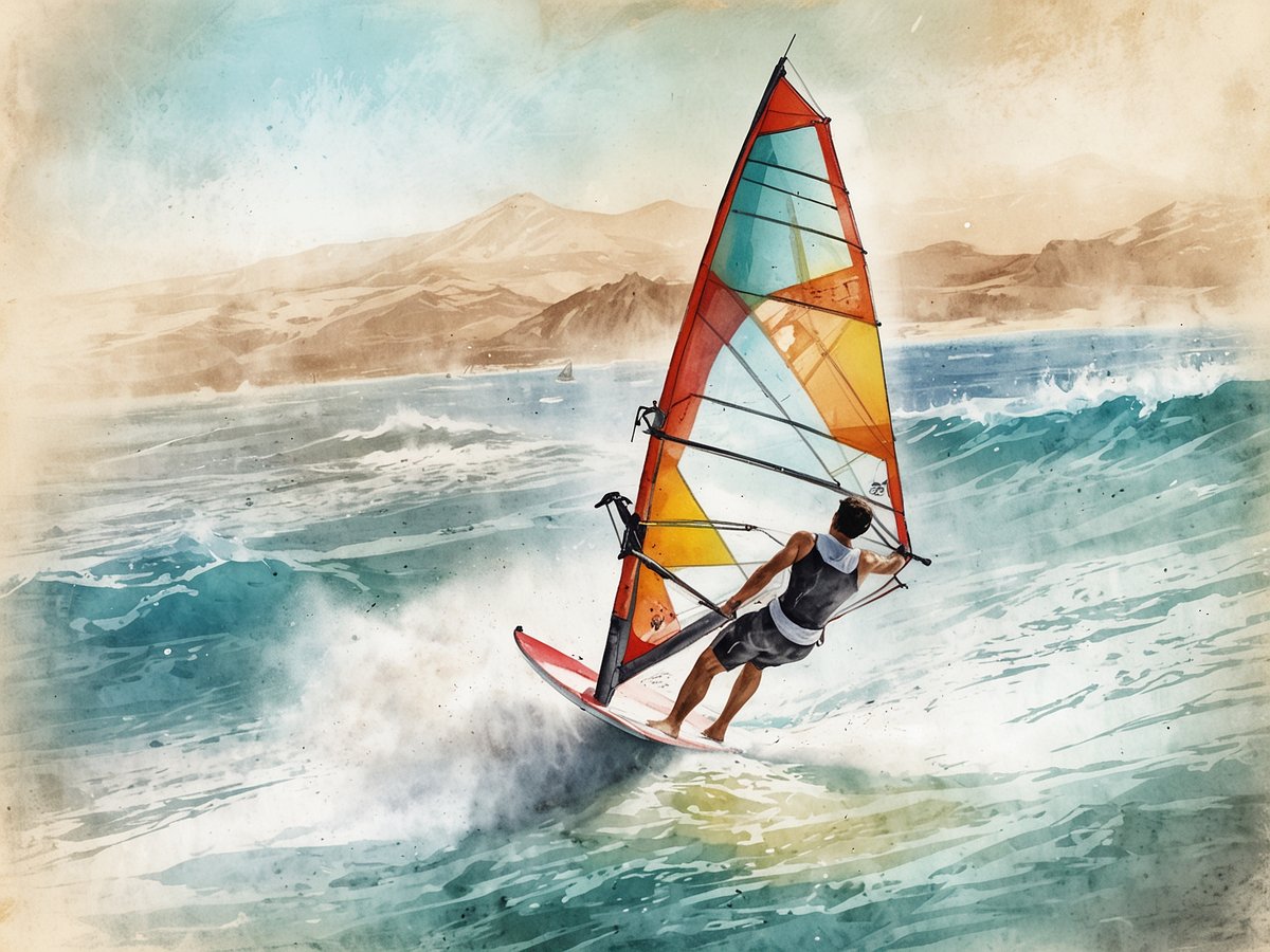Ein Windsurfer gleitet dynamisch über die Wellen des Meeres vor der Küste von Fuerteventura. Mit einem bunten Segel, das in den Farben Rot, Orange und Blau leuchtet, zeigt der Surfer beeindruckende Technik und Kontrolle. Die Wellen spritzen um ihn herum, während er den Wind nutzt, um Geschwindigkeit und Schwung zu gewinnen. Im Hintergrund sind die sanften Hügel der Insel zu sehen, die die idyllische Kulisse für dieses Abenteuer am Wasser bilden. Action und Spaß am Meer sind deutlich spürbar.