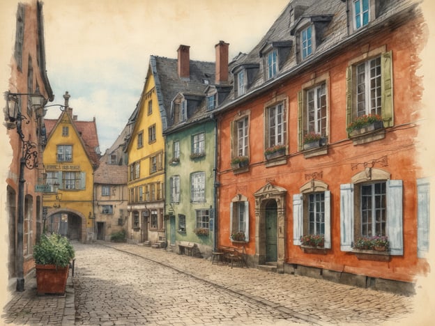 Auf dem Bild sind malerische, bunte Häuser in einer charmanten, gepflasterten Straße zu sehen. Die Gebäude haben verschiedene Farben, darunter Gelb und Rot, und viele Fenster sind mit Blumenkästen geschmückt. Die Atmosphäre wirkt ruhig und einladend, und die Details im Bild, wie die Straßenlaternen und der gepflasterte Boden, verleihen der Szenerie einen historischen Touch. Es scheint ein idyllischer Ort zu sein, ideal für einen Spaziergang oder ein gemütliches Café. So etwas könnte man gut beim Entdecken von Norddeutschland erleben.