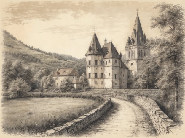 Auf dem Bild ist eine idyllische Landschaft mit einem imposanten Schloss zu sehen, das an einem sanften Hang liegt. Die Architektur des Schlosses ist durch hohe Türme und spitze Dächer geprägt, umgeben von Bäumen und einer schönen Wiese. Ein gewundener Weg führt an dem Schloss vorbei, was einen malerischen Eindruck hinterlässt. Dies könnte ein typisches Motiv für einen Ausflug in die malerischen Regionen Süddeutschlands sein, wo historische Burgen und Schlösser oft von einer reizvollen Landschaft umgeben sind. Solche Orte laden dazu ein, die Geschichte und die Schönheit der Natur zu erkunden.