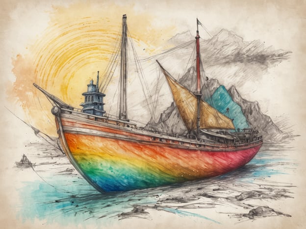 Auf dem Bild ist ein kunstvoll gezeichnetes Schiff zu sehen, das in lebendigen Farben gestaltet ist. Es hat einen rainbowfarbenen Rumpf, der sich von einem tiefen Blau bis zu einem strahlenden Rot erstreckt. Das Schiff ist mit einem großen Segel ausgestattet, und im Hintergrund sind Berge sowie ein Sonnenstrahlenmuster zu erkennen, das eine warme Atmosphäre schafft. Die gesamte Komposition vermittelt ein Gefühl von Abenteuer und Freiheit auf dem Wasser.