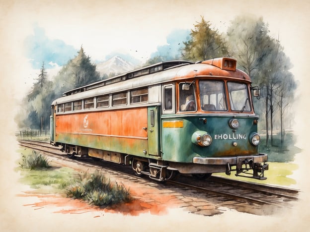 Auf dem Bild ist eine historische Bahn oder ein Triebwagen zu sehen, der auf einem Gleis in einer schönen, natürlichen Umgebung steht. Die Farben des Fahrzeugs sind hauptsächlich grün und orange, und im Hintergrund sieht man Bäume und möglicherweise Berge. In Bezug auf „Die Gastronomie im Park“ könnte man sich vorstellen, dass in der Nähe vielleicht ein Café oder ein Restaurant ist, wo Besucher die Aussicht genießen können, während sie eine Pause von der Bahnfahrt machen.