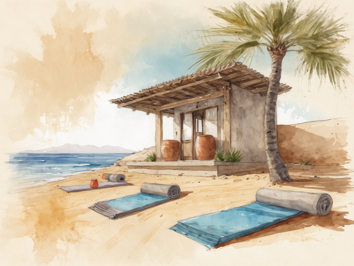 Ein einladendes Bild eines Yoga-Retreats auf Fuerteventura, das in sanften Aquarellfarben dargestellt ist. Im Vordergrund liegen mehrere Yogamatten auf dem feinen Sandstrand, während im Hintergrund ein einfaches, aber stilvolles Gebäude mit einem strohgedeckten Dach und großen Fenstern zu sehen ist. Rechts steht eine schlanke Palme, die Schatten spendet. Der ruhige Ozean erstreckt sich im Hintergrund, und die sanften Hügel der Insel sind am Horizont erkennbar. Das Bild vermittelt eine Atmosphäre von Ruhe und Entspannung, perfekt für die Suche nach innerer Mitte.