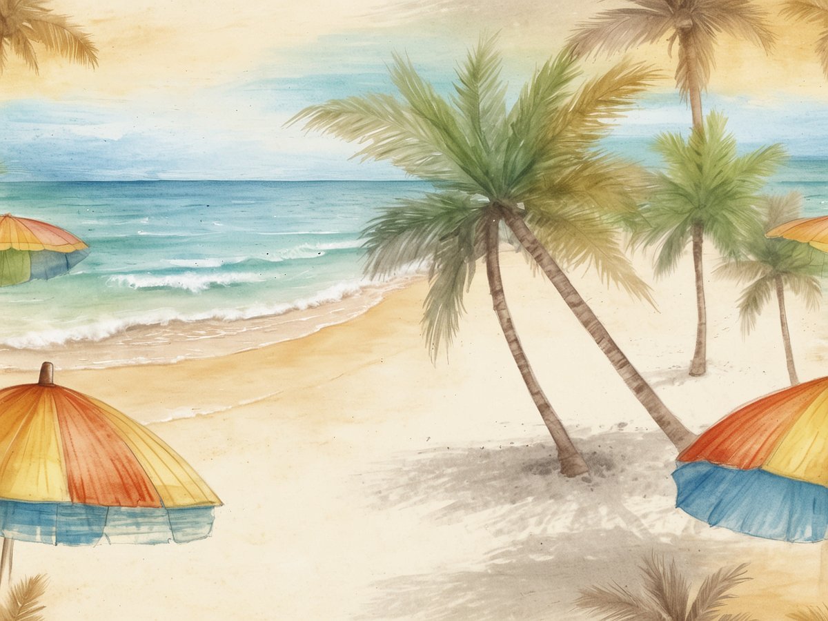 Ein malerischer Strand mit sanften Wellen und leuchtendem Sonnenschein ist zu sehen. Im Vordergrund stehen bunte Sonnenschirme in rot, gelb und blau, die Schatten auf den hellen Sand werfen. Im Hintergrund sind Palmen zu erkennen, die sich bei leichtem Wind bewegen. Der Himmel ist in sanften Farben gehalten, die auf einen warmen, entspannenden Tag hindeuten. Wie warm ist es auf Madeira.