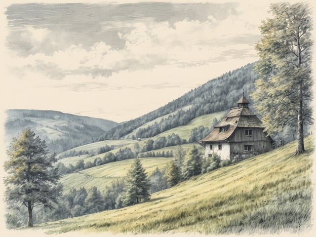 Auf dem Bild ist eine malerische Landschaft des Sauerlandes zu sehen. Im Vordergrund steht ein hübsches, rustikales Haus, umgeben von saftigen Wiesen und Bäumen. Die sanften Hügel im Hintergrund sind mit üppigem Grün bedeckt, und der Himmel zeigt eine entspannende Wolkenlandschaft. Diese idyllische Szenerie lädt dazu ein, die natürliche Schönheit der Region zu entdecken und zu genießen.