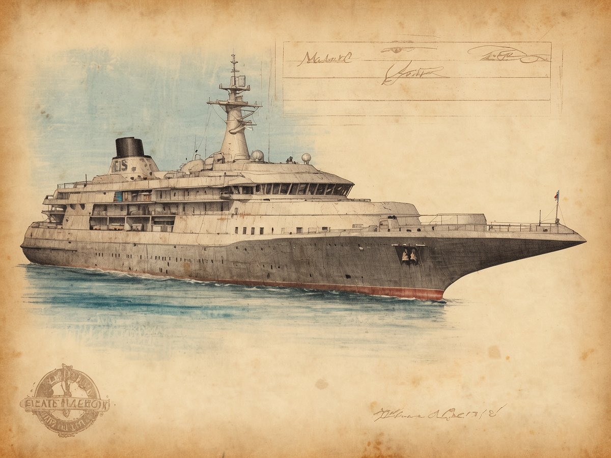 Auf dem Bild ist ein großes, elegantes Schiff zu sehen, das auf ruhigem Wasser schwimmt. Das Design des Schiffes ist modern und verfügt über mehrere Decks sowie große Fenster. Der Rumpf ist grau und die Aufbauten sind detailliert gestaltet, mit einem hohen Mast und verschiedenen technischen Einrichtungen. Im Hintergrund ist ein sanfter Farbverlauf zu erkennen, der den Himmel und das Wasser miteinander verbindet. Die Darstellung hat eine künstlerische Note, die an alte maritime Illustrationen erinnert. Die Schriftzüge und Zeichnungen auf der rechten Seite deuten darauf hin, dass es sich um eine solche alte Skizze handeln könnte. Auf Madeira spricht man Portugiesisch.