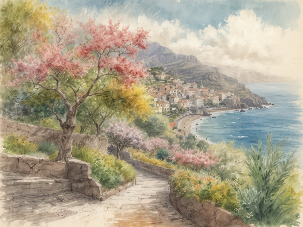 Eine malerische Küstenlandschaft von Madeira mit sanften Hügeln, die mit bunten Blumen und Bäumen geschmückt sind. Im Vordergrund verläuft ein steinerner Weg entlang der Küste, der zu einem kleinen Strand führt. Die Häuser eines malerischen Dorfes sind sichtbar und liegen malerisch an den Hängen, während das blaue Wasser des Meeres sanft gegen die Küste schlägt. Der Himmel ist leicht bewölkt, was eine ruhige und entspannende Atmosphäre schafft. Die beste Reisezeit für Madeira ist von Frühling bis Herbst, wenn das Wetter angenehm warm und die Natur in voller Blüte steht.