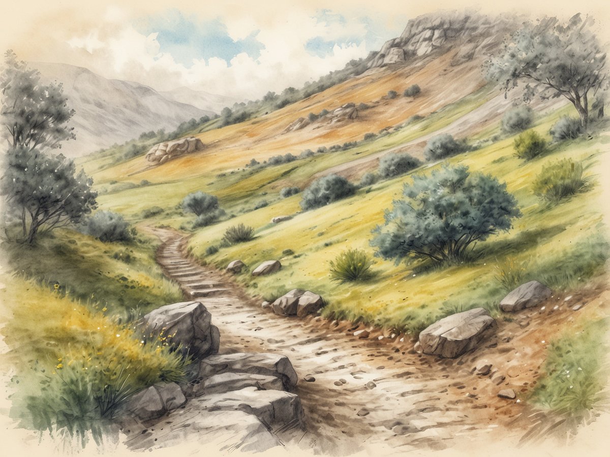Eine sanfte, hügelige Landschaft mit einem schmalen, gewundenen Pfad, der durch grüne und gelbe Wiesen führt. Auf den Hügeln sind einige Bäume und kleine Sträucher zu sehen. Im Hintergrund erheben sich die sanften Konturen von Bergen unter einem teils bewölkten Himmel. Die Szenerie strahlt eine ruhige, natürliche Atmosphäre aus, ideal für Wanderungen und Erkundungen. Bei einer Reise nach Madeira sollte man sich für solche Wanderungen geeignete Kleidung und festes Schuhwerk mitbringen.