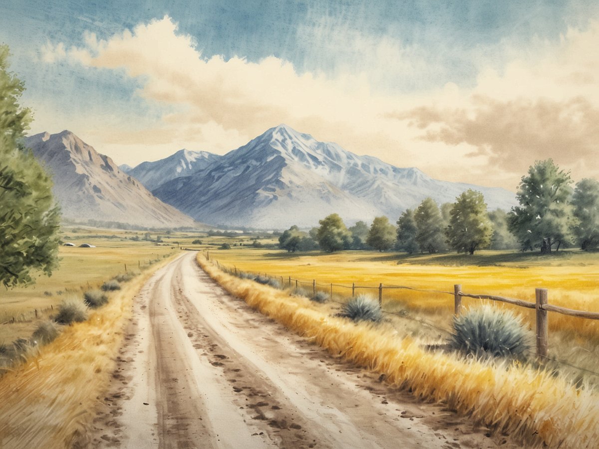 Eine sanfte, gewundene Schotterstraße zieht sich durch eine weite Landschaft, umgeben von Bergen im Hintergrund. Der Himmel ist mit wenigen, fluffigen Wolken bedeckt und strahlt ein warmes Licht aus. Die Wiesen links und rechts der Straße sind in einem goldenen Farbton gehalten und von einigen kleinen Büschen sowie vereinzelten Bäumen gesäumt. Die Szene vermittelt eine ruhige und friedliche Atmosphäre, ideal für Naturliebhaber. Wie ist das Wetter in Madeira?