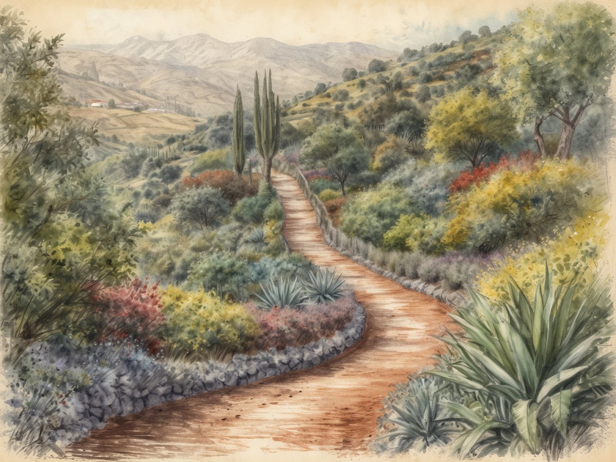 Ein malerischer Weg schlängelt sich durch eine üppige Landschaft auf Madeira. Der Pfad ist von verschiedenen Pflanzen und bunten Blumen gesäumt, während im Hintergrund sanfte Hügel und Berge zu sehen sind. Grüne Bäume und hohe Zypressen verleihen der Szenerie ein verträumtes Flair. Die Farben sind sanft und harmonisch, was die natürliche Schönheit der Umgebung betont.
