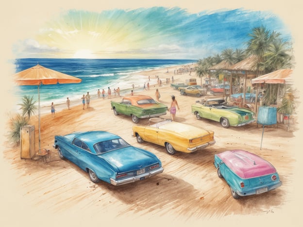 Auf dem Bild sind mehrere klassische Autos auf einem Strand zu sehen, umgeben von Sonnenuntergangsstimmung und einer lebhaften Atmosphäre. Man sieht Menschen, die am Strand spazieren gehen und sich entspannen, während im Hintergrund palmengesäumte Hütten und Sonnenschirme zu erkennen sind. 

In Bezug auf die Geschichte von Magaluf, einem beliebten Ferienort auf Mallorca, könnte man sagen, dass solche Szenen die entspannte, sonnige Atmosphäre widerspiegeln, für die dieser Ort bekannt ist. Magaluf hat sich in den letzten Jahrzehnten zu einem Zentrum des Nachtlebens, aber auch des sonnigen Urlaubserlebnisses entwickelt. Die Darstellung klassischer Autos und Strandaktivitäten erinnert an die frühen Jahre des Massentourismus, als Kuren und entspannende Auszeiten mit einer Art von Glamour verbunden waren, ähnlich wie Magaluf in seiner Blütezeit.