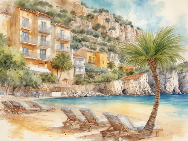 Auf dem Bild ist eine malerische Küstenlandschaft zu sehen, die die Schönheit von Santa Ponsa widerspiegelt. Die sanften Wellen an einem goldenen Strand laden zum Entspannen ein, während Liegen im Sand bereitstehen. Im Hintergrund sind pastellfarbene Gebäude und üppige grüne Vegetation zu erkennen, die sich an den Hang schmiegt. Die beruhigende Atmosphäre und das klare Wasser schaffen eine einladende Kulisse für Urlauber, die die Ruhe und Schönheit dieser Region genießen möchten.