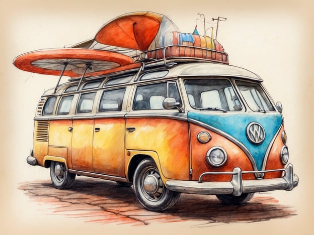 Auf dem Bild ist ein farbenfroher Volkswagen Bulli zu sehen, der oft mit dem Lebensstil der 1960er Jahre und dem Camping-Urlaub assoziiert wird. Der Bulli hat ein einzigartiges zweifarbiges Design und ist mit einem Dachgepäckträger ausgestattet, auf dem mehrere farbige Gegenstände wie Sonnenschirme und Laken liegen, was auf einen bevorstehenden Ausflug hindeutet.

### Praktische Tipps für Besucher:

1. **Mietmöglichkeiten**: Wenn Sie mit einem ähnlichen Fahrzeug reisen möchten, prüfen Sie lokale Mietstationen, die Oldtimer oder VW-Bullis anbieten.

2. **Campingplätze**: Informieren Sie sich über hundefreundliche Campingplätze, die oft gut ausgestattet sind, um den Charme eines Roadtrips zu erleben.

3. **Sicherheitsvorkehrungen**: Denken Sie daran, alles ordnungsgemäß zu sichern, um während der Fahrt eine sichere Umgebung zu gewährleisten.

4. **Wettervorhersage**: Überprüfen Sie das Wetter, bevor Sie reisen, um sich entsprechend vorzubereiten, insbesondere wenn Sie Aktivitäten im Freien planen.

5. **Zusätzliche Ausstattung**: Packen Sie essentielle Ausrüstungen wie Kühler, Campingstühle und Erstausstattung, um Ihren Trip komfortabler zu gestalten.

Viel Spaß bei Ihrem Abenteuer!