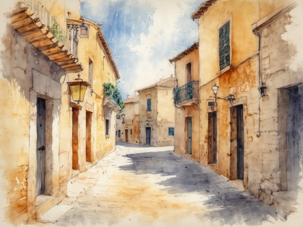 Entdecke die historische Altstadt von Alcúdia: Auf dem Bild ist eine malerische, enge Gasse mit warmen, goldenen Farbtönen zu sehen. Die Gebäude haben charmante Fassaden und es gibt traditionelle Lampen, die zur Atmosphäre beitragen. Der Himmel ist blau und es scheint ein sonniger Tag zu sein, was die bezaubernde Stimmung dieses historischen Ortes unterstreicht. 