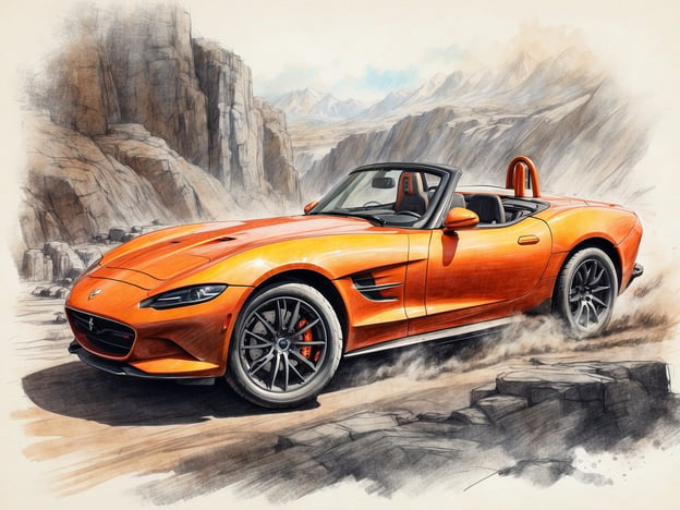 Auf dem Bild ist ein auffälliges orangefarbenes Sportauto abgebildet. Die Szenerie ist von felsigen Landschaften umgeben, die einen abenteuerlichen Eindruck vermitteln. Der Stil des Bildes erinnert an eine künstlerische Illustration oder Skizze.

Wenn wir diesen Anblick mit der Geschichte des Thorpe Parks verbinden, könnte man sagen, dass beide für Abenteuer, Nervenkitzel und unvergessliche Erlebnisse stehen. Thorpe Park ist bekannt für seine aufregenden Fahrgeschäfte und Attraktionen, während das Sportauto die Freiheit und Geschwindigkeit symbolisieren könnte, die man auf den Straßen sucht. Beide bieten ihren eigenen Reiz und ziehen Menschen an, die das Besondere suchen.