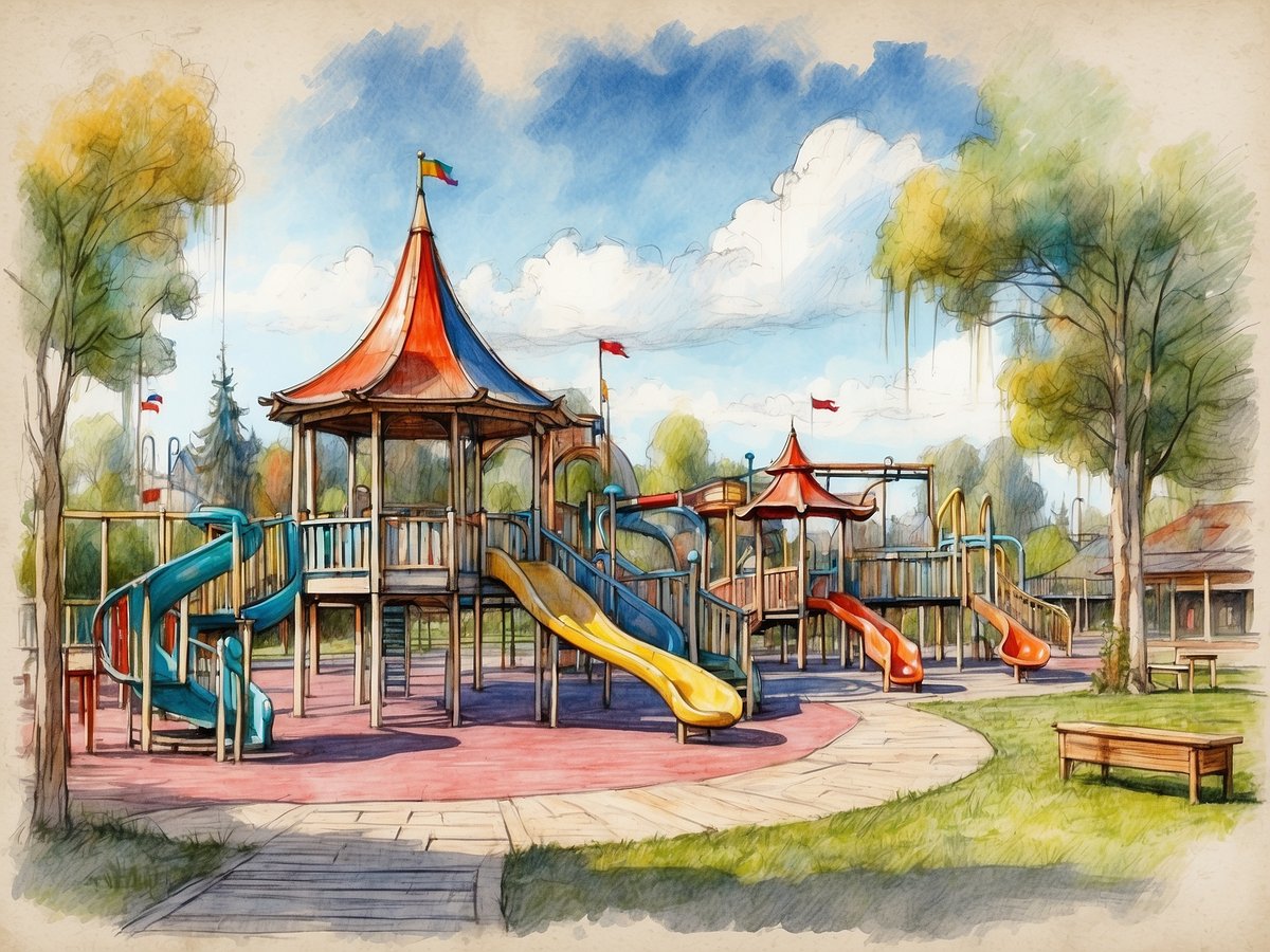 Ein bunter Spielplatz im Linnaeushof in den Niederlanden mit mehreren Rutschen in den Farben Blau, Gelb und Rot. In der Mitte steht ein überdachter Spielbereich mit einem spitzen Dach, während im Hintergrund Bäume und ein blauer Himmel mit vereinzelten Wolken sichtbar sind. Der Boden des Spielplatzes ist mit einem roten Belag versehen, und im Vordergrund sind Holzbänke zu sehen.