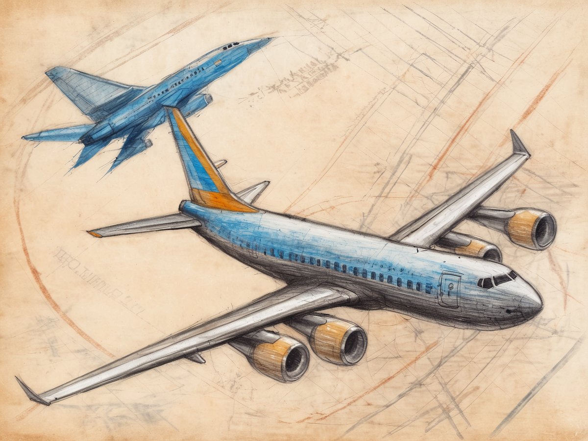 Auf dem Bild sind zwei verschiedene Flugzeuge zu sehen, eines fliegt in einer niedrigeren Flughöhe in einem interessanten Blauton mit orangefarbenen Akzenten, das andere ist ein Kampfflugzeug in einem ähnlichen Farbton. Der Hintergrund zeigt luftige, kreisförmige Bewegungen, die die Dynamik des Fliegens vermitteln. Die Komposition hebt die verschiedenen Flugzeugtypen und deren Bewegungen in der Luft hervor. Wie lange fliegt man von Düsseldorf nach Madeira.