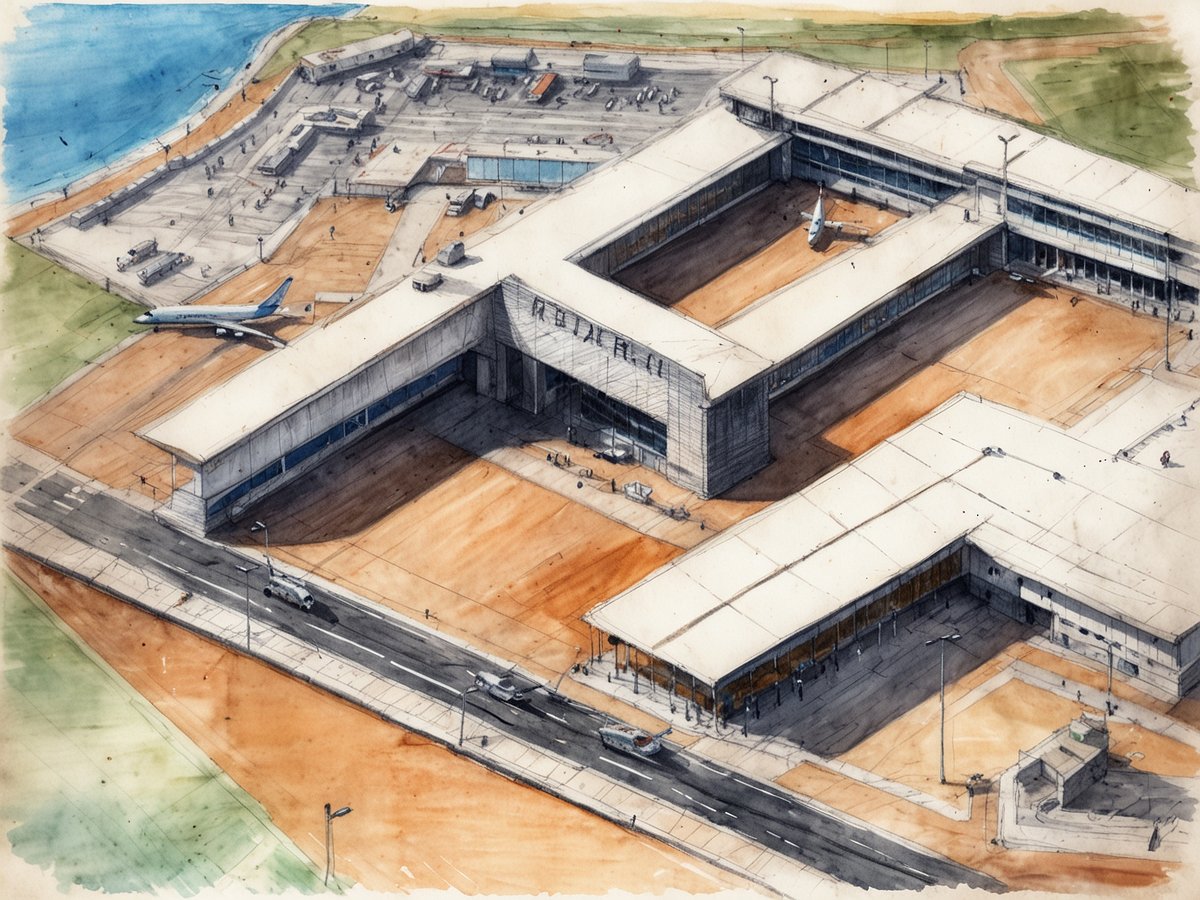 Auf dem Bild ist eine künstlerische Darstellung des Flughafens von Madeira zu sehen. Der Flughafen zeigt verschiedene Gebäude und Landebahnen, die sich in der Nähe des Wassers befinden. Es sind Flugzeuge auf dem Rollfeld und Passagiere, die sich auf dem Gelände bewegen. Die Struktur des Flughafens ist modern, mit mehreren großen Fenstern und überdachten Bereichen. Der Bereich um den Flughafen ist sanft hügelig, und im Hintergrund ist das Meer sichtbar.