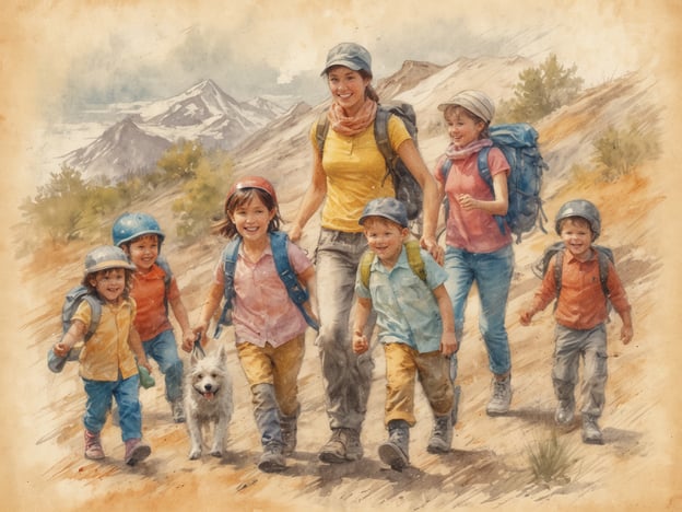 Auf dem Bild sind eine Gruppe von Kindern und einer Erwachsenen zu sehen, die gemeinsam auf einem Wanderweg unterwegs sind. Sie haben alle Rucksäcke und Helme dabei, was darauf hindeutet, dass sie eine aufregende Wanderung in der Natur unternehmen. Sie sind fröhlich und scheinen viel Spaß zu haben, während sie mit einem kleinen Hund spazieren. Solche Aktivitäten fördern familiären Zusammenhalt und bieten die Möglichkeit, die Natur zu erkunden und gemeinsam Abenteuer zu erleben.