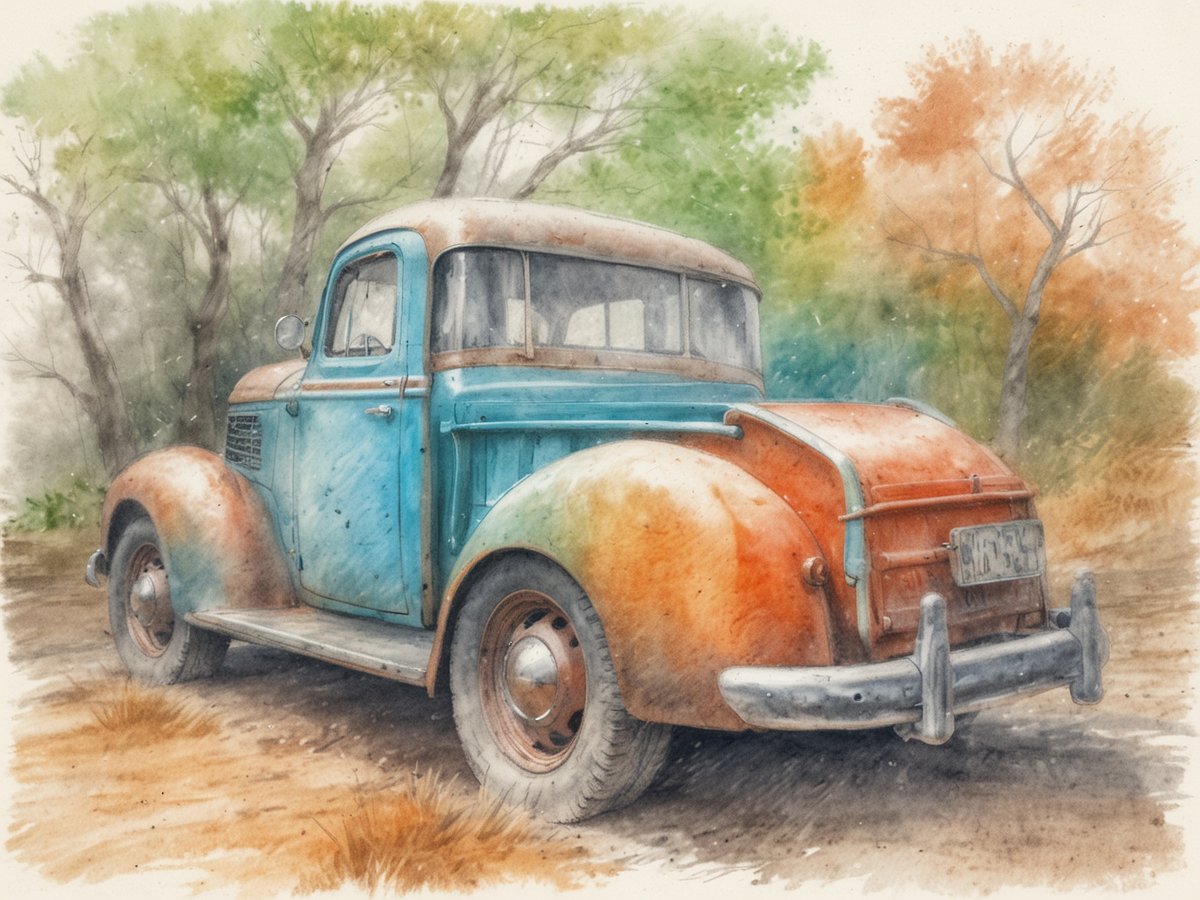 Ein nostalgisches, blau-orangefarbenes Auto steht auf einer unbefestigten Straße, umgeben von Bäumen mit grünem und orangefarbenem Laub. Das Fahrzeug hat einen klassischen Look mit runden Formen und einer verrosteten Karosserie. Die Szenerie vermittelt eine ruhige, ländliche Atmosphäre, die an eine Reise durch die Natur erinnert.