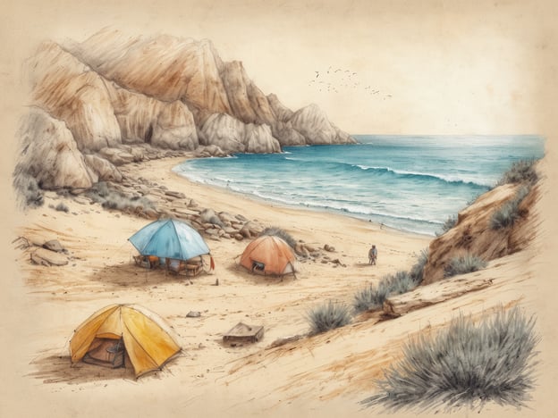 Auf dem Bild sind Zelte am Strand zu sehen, umgeben von einer malerischen Küstenlandschaft mit hohen Felsen und einem klaren blauen Meer. Die gelben und blauen Zelte deuten auf eine entspannte Camping- oder Strandaktivität hin, ideal für einen erholsamen Urlaub.

In der Umgebung könnten Aktivitäten wie Schwimmen, Surfen oder Wandern entlang der Küste stattfinden. Zudem bieten sich Ausflüge zu nahegelegenen Sehenswürdigkeiten wie schönen Aussichtspunkten oder Naturreservaten an, die die beeindruckende Landschaft und Tierwelt der Region nutzen. Ein Picknick am Strand wäre ebenfalls eine angenehme Möglichkeit, die Natur zu genießen.