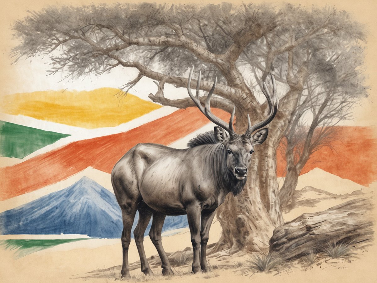 Ein majestätisches Tier steht vor einer stilisierten Landschaft, die in sanften Farben gehalten ist und die Nationalflagge von Südafrika symbolisiert. Das Tier hat große, verzweigte Geweih und einen robusten Körper, umgeben von einer malerischen Baumlandschaft. Im Hintergrund sind farbige Striche in grün, gelb, rot und blau zu sehen, die die natürliche Schönheit der Region verstärken. Die Atmosphäre vermittelt ein Gefühl von Wildnis und Freiheit, typisches für die Nationalparks Südafrikas.