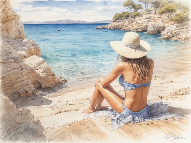 Auf dem Bild ist eine sonnige Küstenlandschaft zu sehen, die die Schönheit von Cala Vinyes entdecken lässt. Im Vordergrund sitzt eine Frau mit einem breiten Sonnenhut und einem blauen Bikini auf dem Sand, während sie den Blick auf das klare, türkisfarbene Wasser und die sanften Wellen richtet. Sie ist von beeindruckenden Felsformationen und einer malerischen Küstenlinie umgeben, die einladend und idyllisch wirkt. Die Szene vermittelt ein Gefühl von Entspannung und Genuss am Strand.