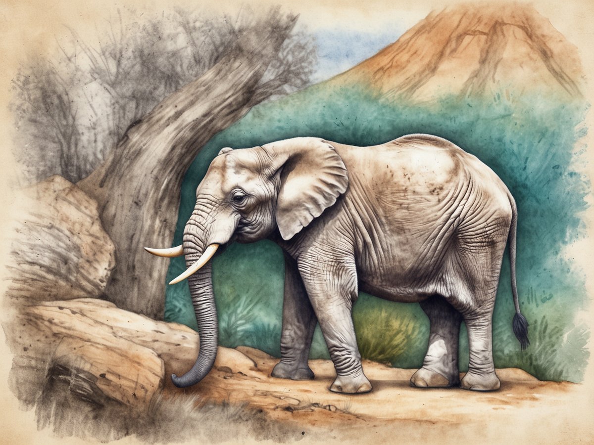 Ein Elefant steht majestätisch auf einem unbefestigten Weg, umgeben von einer natürlichen Landschaft mit sanften Hügeln im Hintergrund. Die Haut des Elefanten ist detailreich und zeigt die typischen Falten und Texturen. Auf der linken Seite sind ein paar große Felsen und verkrümmte Baumstämme zu sehen, die die wilde Umgebung betonen. Die Farben sind warm und erdig, was die friedliche Atmosphäre der afrikanischen Landschaft unterstreicht.