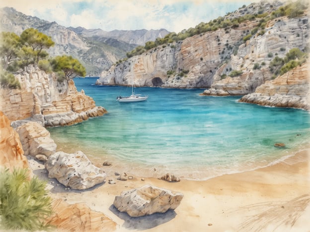 Auf dem Bild ist eine malerische Küstenlandschaft zu sehen, die die Schönheit von Cala Sant Vicenç einfängt. Die Szene zeigt sanfte, abgerundete Felsen, die sich um eine ruhige Bucht gruppieren, in der ein weißes Segelboot vor Anker liegt. Das Wasser hat eine bezaubernde, türkisblaue Farbe, die die Klarheit der mediterranen Küste widerspiegelt. Die umgebenden Berge und das grüne Ufer verleihen der Landschaft eine idyllische und friedliche Atmosphäre, perfekt für einen entspannten Tag am Meer.