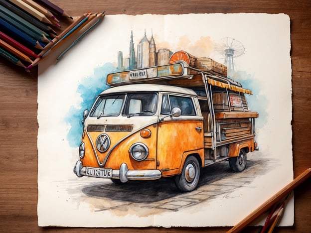 Auf dem Bild ist ein gelber und orangefarbener Foodtruck zu sehen, der aussieht wie ein VW-Bus. Der Truck scheint für den Verkauf von Essen oder Getränken eingerichtet zu sein, da er mit einer Markise ausgestattet ist und es eine Ausschilderung gibt, die auf die angebotenen Produkte hinweist. Im Hintergrund sind einige Gebäude und ein Aussichtsturm zu erkennen, was auf eine städtische Umgebung hindeutet. Der Truck könnte wahrscheinliche Snacks oder Erfrischungen anbieten.