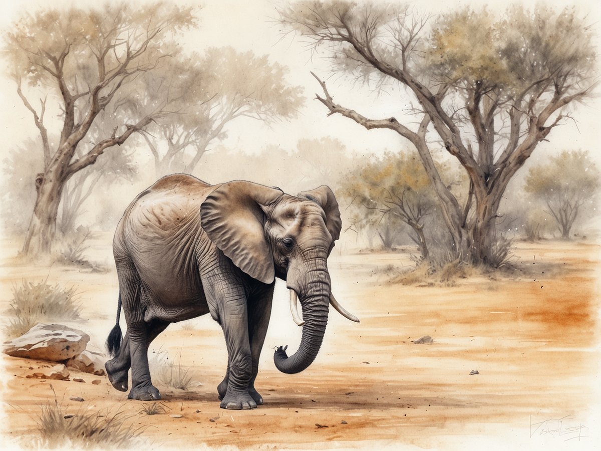 Ein einzelner Elefant steht in einer trockenen, savannenartigen Landschaft mit zerzausten Bäumen im Hintergrund. Der Elefant hat eine graue Haut und bewegt sich langsam durch die beige-orangefarbene Erde, die von trockenen Ästen und Steinen durchzogen ist. Die Atmosphäre ist ruhig und vermittelt ein Gefühl von Weite und Natur. Dieses Bild ist ideal für Reisende, die den Krüger Nationalpark in Südafrika besuchen möchten.