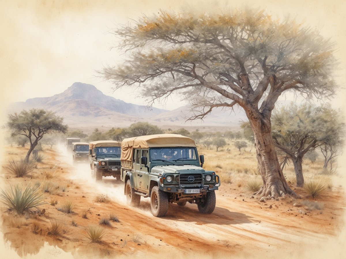 Eine Gruppe von Geländewagen fährt auf einem staubigen Pfad durch die afrikanische Savanne. Im Hintergrund sind sanfte Hügel und eine markante Berglandschaft zu sehen. Die Fahrzeuge haben eine khakifarbene Lackierung mit Leinenverdecke, geeignet für Safaris. Rundherum wachsen vereinzelte Bäume und Sträucher, die der Szene eine typische Wildnisatmosphäre verleihen. Die Landschaft ist in warmen Erdtönen gehalten, die die natürliche Schönheit Afrikas widerspiegeln.