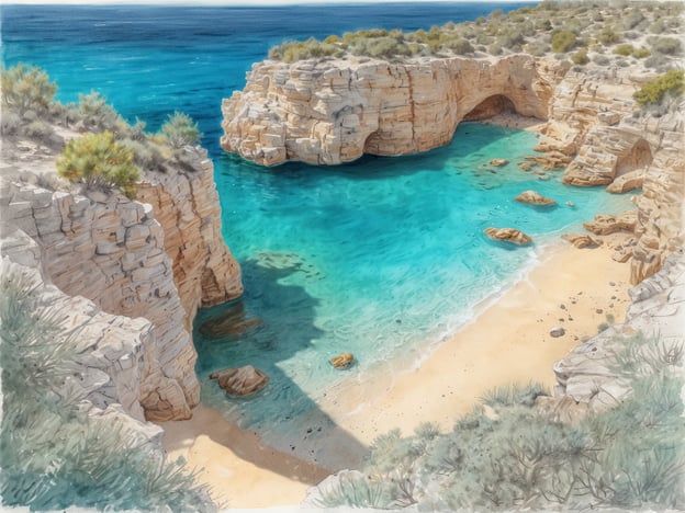 Auf dem Bild ist eine malerische Küstenlandschaft zu sehen, die die Schönheit von Cala Llombards zeigt. Zu erkennen sind steile Felsen, die sanft ins türkisfarbene Wasser abfallen, sowie eine kleine, abgelegene Bucht mit einem feinen Sandstrand. Die klare, ruhige See ergänzt das entspannende Ambiente, während das umgebende Grün den Szene einen natürlichen Charme verleiht. Dieses idyllische Plätzchen eignet sich perfekt für Erholung und Naturgenuss.