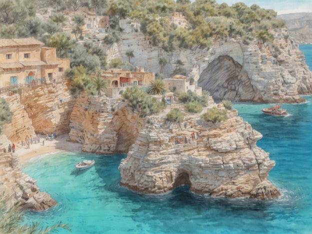 Auf dem Bild ist die Schönheit von Cala Pi zu entdecken. Es zeigt eine malerische Küstenlandschaft mit sanften Klippen und türkisblauem Wasser. In der Bucht sind kleine Boote zu sehen, und es gibt eine kleine Gruppe von Menschen, die den Strand und die Umgebung genießen. Die charmanten Gebäude auf den Klippen fügen sich harmonisch in die natürliche Kulisse ein und unterstreichen die ruhige und einladende Atmosphäre des Ortes.