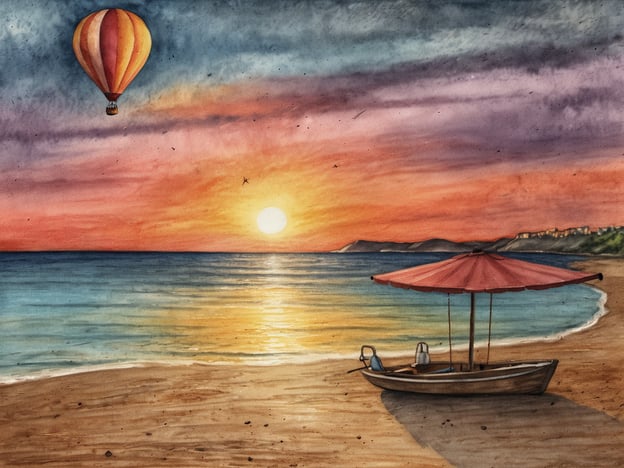 Auf dem Bild ist eine romantische Szenerie am Strand zu sehen, wo die Sonne am Horizont untergeht. Ein Heißluftballon schwebt sanft am Himmel, während das Wasser in wundervollen Farben schimmert. Neben einem kleinen Boot, das am Ufer liegt, steht ein Sonnenschirm, der für Schatten sorgt.  

Diese Umgebung bietet eine perfekte Kulisse für Paare, um romantische Aktivitäten zu genießen. Man könnte gemeinsam am Strand spazieren gehen, ein Picknick bei Sonnenuntergang organisieren oder eine Bootsfahrt unternehmen, während die Abendstimmung die Luft erfüllt. Solche Erlebnisse schaffen unvergessliche Momente der Nähe und Zweisamkeit.