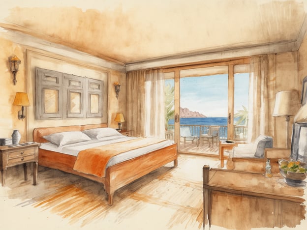 Auf dem Bild ist ein luxuriöses Schlafzimmer zu sehen, das mit warmen Farben und eleganten Möbeln eingerichtet ist. Die große Fensterfront bietet einen atemberaubenden Blick auf das Meer und die umliegende Landschaft, was typisch für die Luxusunterkünfte in Camp de Mar sein könnte. Das Zimmer hat ein heimeliges Ambiente, ideal für Entspannung und Wohlfühlen.