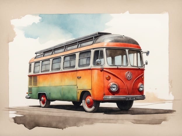 Auf dem Bild ist ein orangefarbener VW-Bus zu sehen, der in einem künstlerischen Aquarellstil dargestellt ist. 

Falls du einen Parkbesuch planst, hier einige praktische Informationen:

1. **Öffnungszeiten**: Informiere dich über die Öffnungszeiten des Parks, um sicherzustellen, dass du ausreichend Zeit zum Erkunden hast.

2. **Zugang und Parkmöglichkeiten**: Überprüfe die Zufahrtsmöglichkeiten und Parkplätze in der Nähe. Oft gibt es spezielle Parkplätze für Besucher.

3. **Picknickmöglichkeiten**: Viele Parks haben ausgewiesene Picknickplätze, die ideal für eine Pause sind.

4. **Aktivitäten**: Erkundige dich nach Freizeitmöglichkeiten wie Wanderwegen, Spielplätzen oder Events, die eventuell stattfinden.

5. **Wetterbedingungen**: Schau dir die Wettervorhersage an und kleide dich entsprechend.

Viel Spaß beim Besuch!