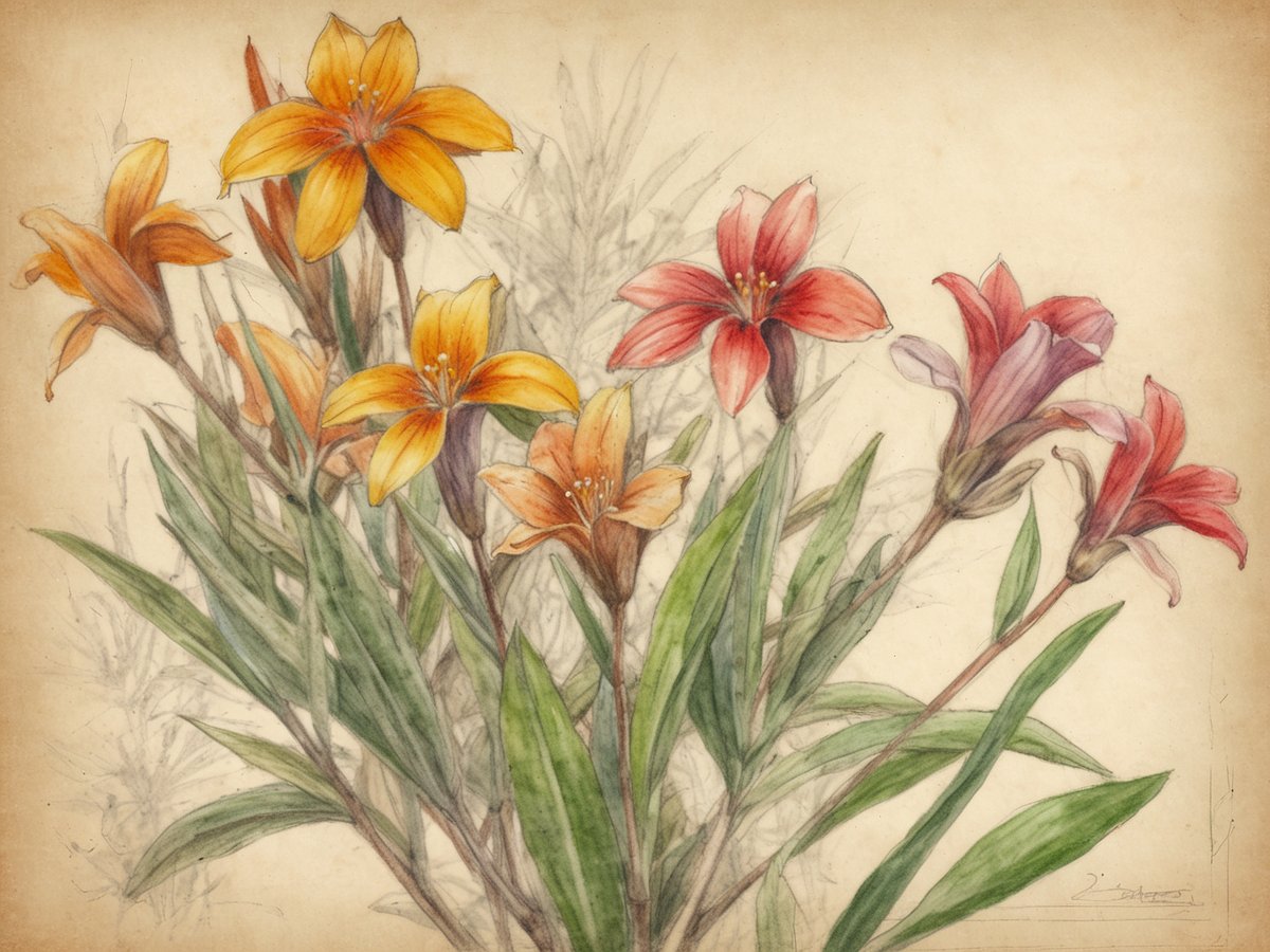 Auf dem Bild sind verschiedene Blumen in verschiedenen Farben dargestellt. Die Blumen sind in leuchtendem Orange, Gelb, Rot und Violett gehalten und haben eine trompetenartige Form. Sie sind an langen, grünen Stängeln mit schmalen Blättern befestigt, die sich in der Komposition harmonisch um die Blüten gruppieren. Der Hintergrund ist sanft und neutral gestaltet, wodurch die Farben der Blumen lebendiger wirken. Diese Darstellung vermittelt die Vielfalt und Schönheit der Flora Südafrikas.