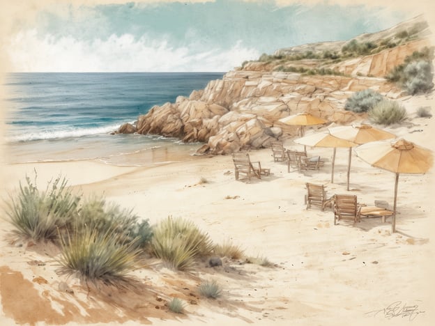 Auf dem Bild ist ein malerischer Strand in Son Serra de Marina zu sehen. Die sanften Wellen des Meeres treffen auf den feinen Sand, umgeben von Felsen und Vegetation. Es gibt Liegen und Sonnenschirme, die zum Entspannen einladen. Der Himmel ist klar und die Farben vermitteln eine friedliche und einladende Atmosphäre. Dieses Bild fängt die Schönheit von Son Serra de Marina perfekt ein und lädt dazu ein, die Natur und die Ruhe dieses Küstenparadieses zu genießen.