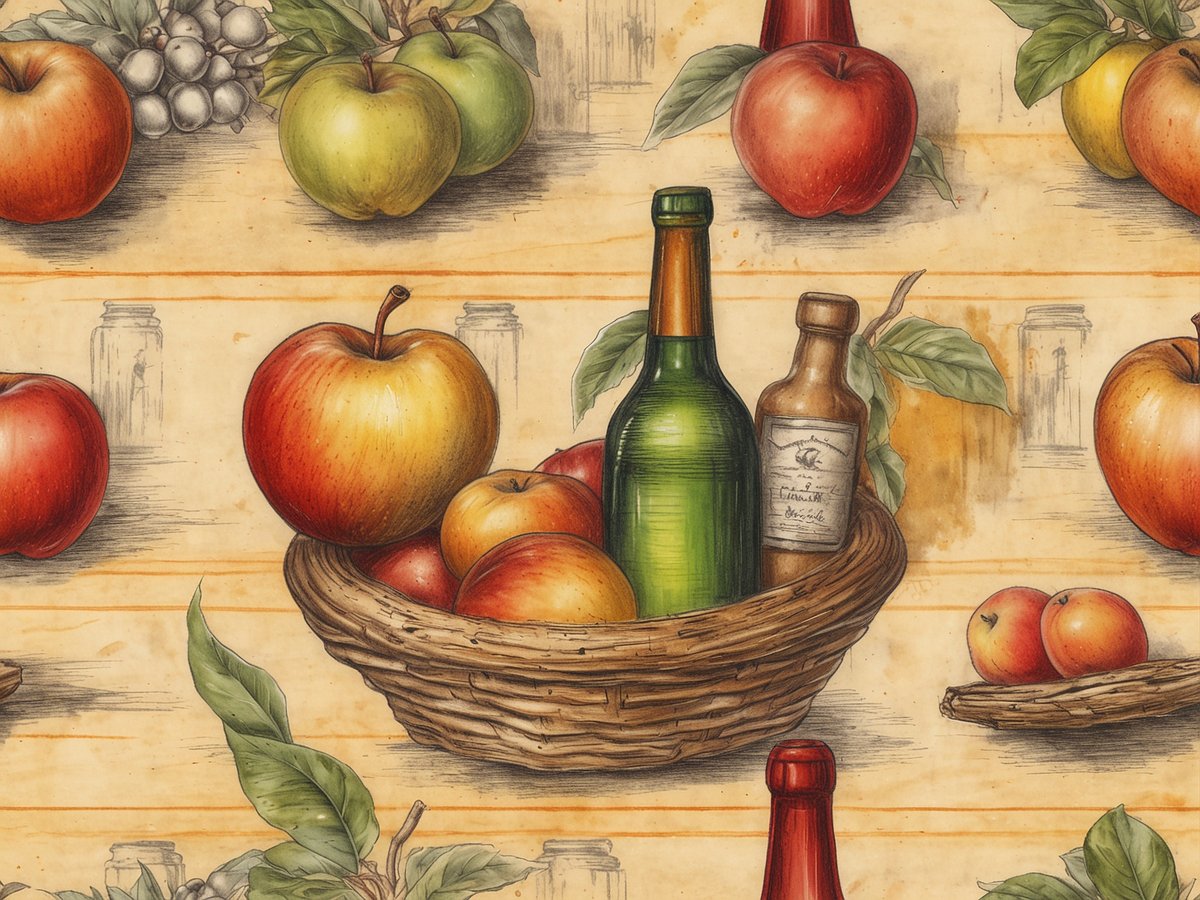 Ein Korb mit verschiedenen Äpfeln in unterschiedlichen Farben, darunter rote und gelbe Äpfel, steht im Vordergrund. Neben dem Korb sind zwei Flaschen platziert, eine grüne Flasche und eine braune Flasche mit Etikett. Im Hintergrund sind stilisierte Darstellungen von weiteren Äpfeln und Trauben sowie einige transparente Gläser sichtbar. Der Hintergrund hat einen warmen Farbton und betont die Frische der Früchte und die Getränke.
