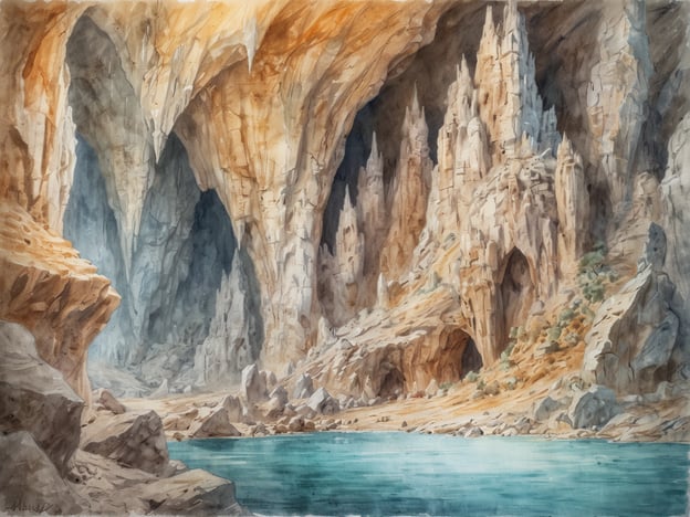 Auf dem Bild ist die beeindruckende Drachenhöhle zu sehen. Die Höhle zeichnet sich durch majestätische Felsformationen aus, die in verschiedenen Farbtönen von Beige und Grau erscheinen. Im Vordergrund fließt ein ruhiger, türkisfarbener Wasserlauf, der das Licht schön reflektiert. Die Wände der Höhle sind hoch und bieten einen dramatischen Anblick, während die insgesamt ruhige Atmosphäre den Betrachter in eine mystische Welt eintauchen lässt. 