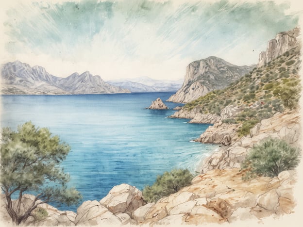 Auf dem Bild ist die malerische Halbinsel Formentor zu sehen. Die Szenerie zeigt das klare, blaue Wasser des Mittelmeers, umgeben von beeindruckenden Felsen und hügeligen Landschaften. Die Vegetation im Vordergrund, zusammen mit den majestätischen Bergen im Hintergrund, schafft eine idyllische und friedliche Atmosphäre, die typisch für diese Region ist. Der Himmel hat eine sanfte, hellblaue Farbe und vermittelt ein Gefühl von Weite und Freiheit.