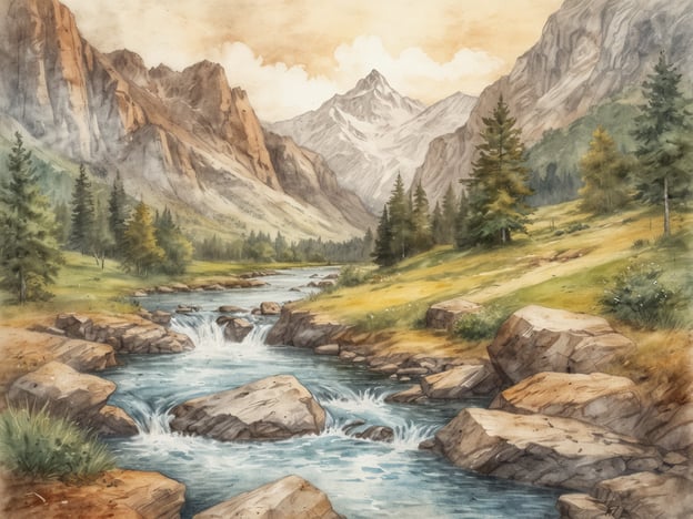 Auf dem Bild ist eine atemberaubende Landschaft zu sehen, die von majestätischen Bergen umgeben ist. Ein klarer, glitzernder Fluss schlängelt sich durch das Tal, während sanfte Wellen über die Steine plätschern. Üppige grüne Wiesen, gesäumt von dichten Nadelbäumen, verleihen der Szenerie eine friedliche und naturnahe Atmosphäre. Die Berge im Hintergrund, teilweise mit Schnee bedeckt, strahlen Erhabenheit und Ruhe aus, und der Himmel zeigt sanfte Farbtöne, die das Bild warm und einladend wirken lassen. Es ist ein perfektes Beispiel für die Schönheit der Natur.