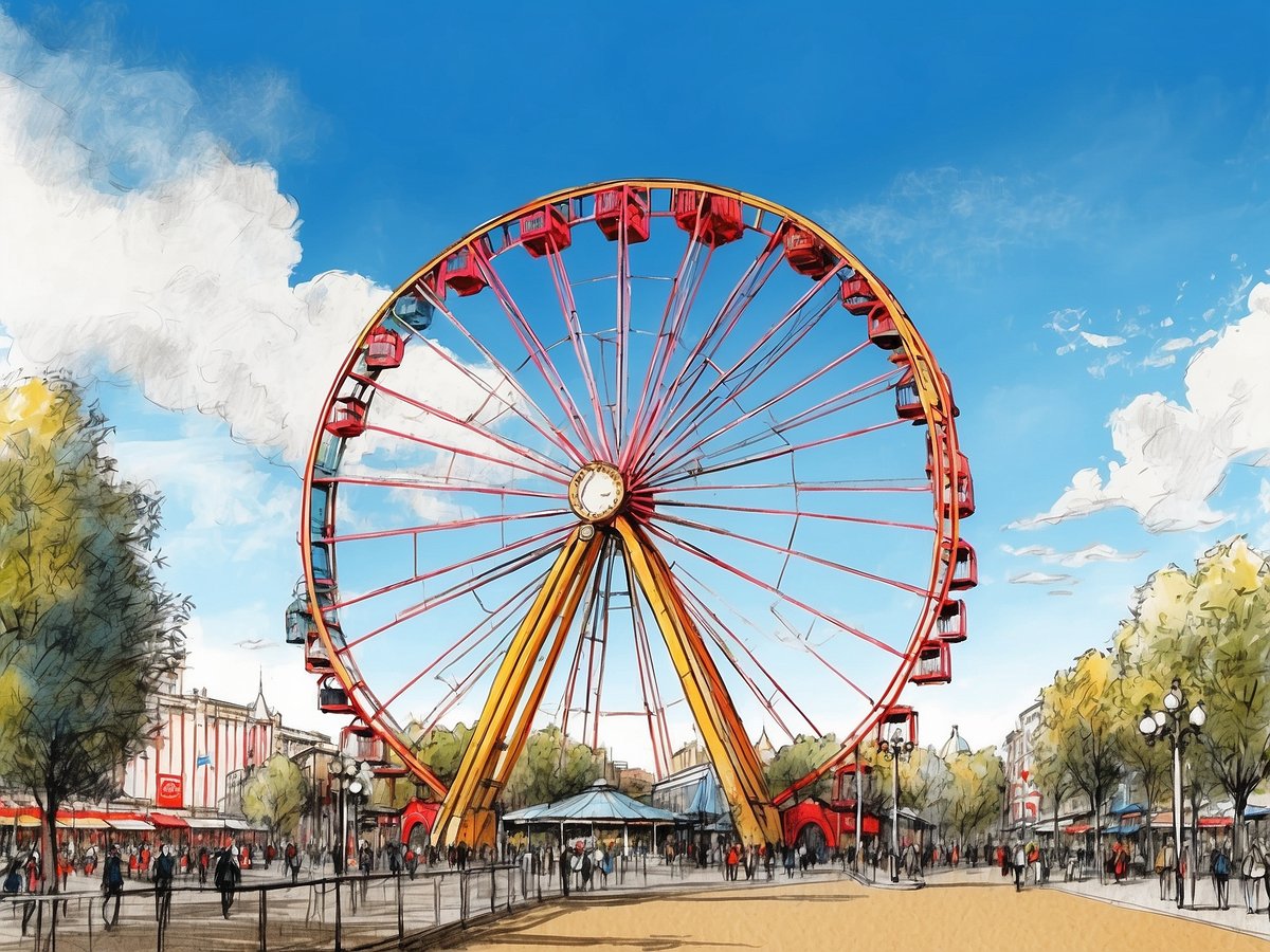 Das Bild zeigt das berühmte Riesenrad im Prater in Wien, Österreich. Es steht majestätisch im Vordergrund und ist in leuchtenden Farben gehalten. Der Himmel ist blau mit einigen weißen Wolken, und um das Riesenrad herum sind grüne Bäume und ein belebter Platz mit vielen Menschen zu sehen. Im Hintergrund sind weitere Gebäude des Vergnügungsparks erkennbar, was die fröhliche Atmosphäre des Praters unterstreicht.