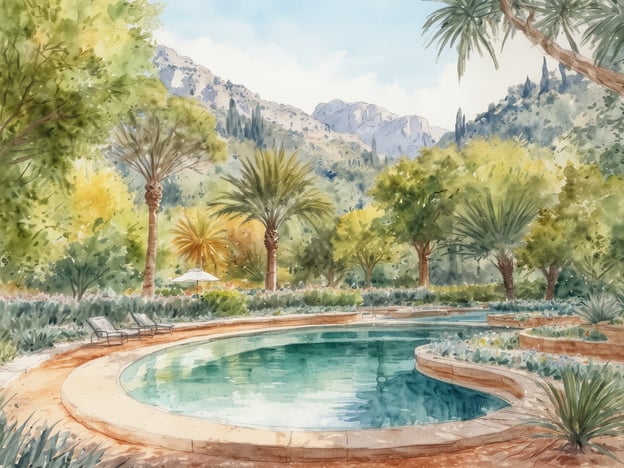 Auf dem Bild ist eine ruhige und entspannte Szene aus den botanischen Gärten von Sóller zu sehen. Es zeigt einen einladenden Pool, umgeben von üppigen Pflanzen und Palmen, die eine tropische Atmosphäre schaffen. Im Hintergrund sind sanfte Hügel und Bäume zu erkennen, die zur entspannenden Stimmung beitragen. Die Liegestühle laden dazu ein, sich zurückzulehnen und die Schönheit der Natur zu genießen. Die gesamte Komposition vermittelt ein Gefühl der Ruhe und der Erholung, ideal für einen entspannenden Tag in den Gärten.