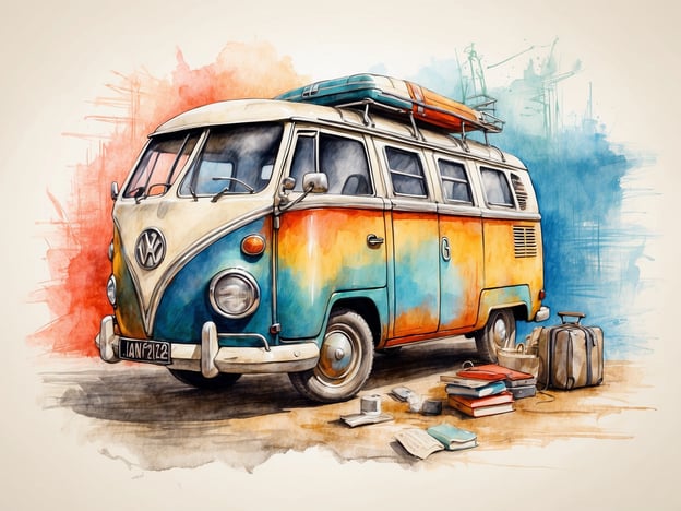 Auf dem Bild ist ein VW Bulli (Volkswagen Kombi) zu sehen, der farbenfroh in orange und blau lackiert ist. Der Bulli hat eine typische, nostalgische Form, die an die 1960er und 1970er Jahre erinnert. Auf dem Dach befindet sich ein Dachgepäckträger mit Gepäckstücken, was auf eine Reise oder Campingausflug hindeutet. Neben dem Fahrzeug liegen einige Koffer und Bücher auf dem Boden, was darauf schließen lässt, dass hier möglicherweise gerade für eine Reise gepackt oder eine Pause eingelegt wurde. Der Hintergrund ist in sanften Farben gehalten, was dem Bild eine künstlerische Note verleiht. 

Für einen Roadtrip oder ein Abenteuer ist der VW Bulli eine beliebte Wahl, da er viel Platz bietet und sich gut für Reisen mit Freunden oder Familie eignet.