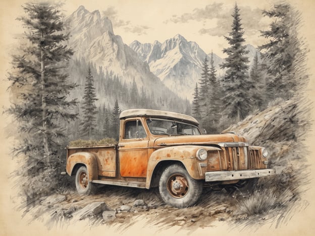 Auf dem Bild ist ein alter, orangefarbener Pickup zu sehen, der in einer beeindruckenden Berglandschaft steht. Umgeben von hohen Tannenbäumen und majestätischen Bergen vermittelt die Szene das Gefühl von einem Naturabenteuer. Die rauen und unberührten Elemente der Umgebung laden zu Erkundungen in der Wildnis ein und wecken die Vorfreude auf die Freiheit, die Natur hautnah zu erleben. Der Pick-up scheint bereit für Expeditionen in diese wunderschöne, unberührte Landschaft.