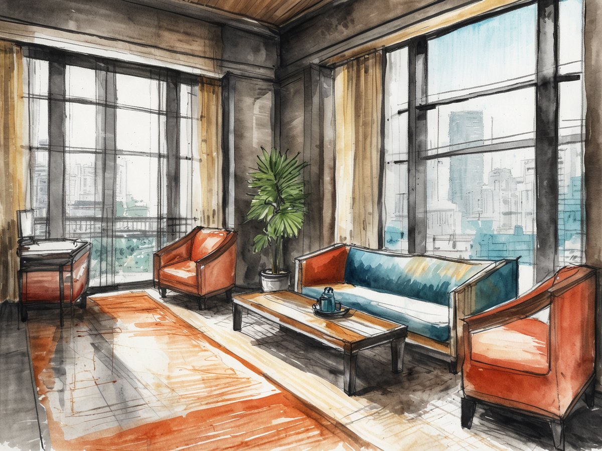 Ein modernes und stilvolles Wohnzimmer im Centara Grand at Central Plaza Ladprao, Bangkok, Thailand. Der Raum ist hell erleuchtet durch große Fenster mit Aussicht auf die Stadt. Im Vordergrund stehen ein elegantes Sofa in Blau und zwei orangefarbene Sessel. Ein Holztisch mit einer Teekanne und einer kleinen Platte vervollständigt das Interieur. Eine grüne Pflanze bringt Leben in den Raum, während ein gewebter Teppich den Boden schmückt. Die Wände sind in neutralen Tönen gehalten, und die Raumgestaltung vermittelt eine einladende Atmosphäre.